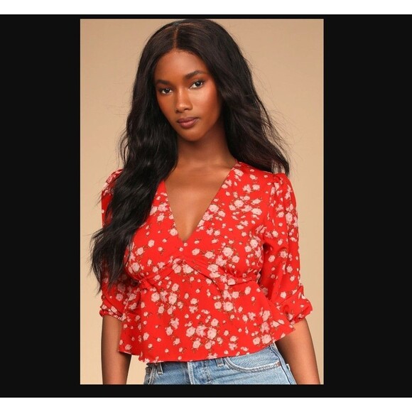 Sage Tops - NWT Sage the Label Lulus Red Floral Wrap Top - Puff Sleeve Peplum Blouse-Mediu